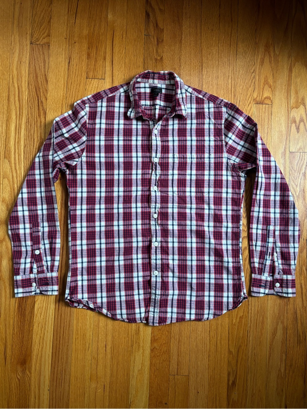 J. Crew Men's Holiday Red and White Plaid Button-Down Shirt Medium